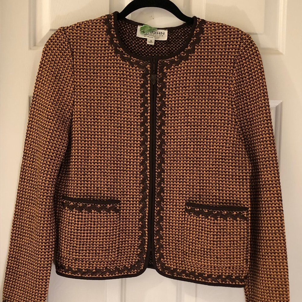 ST JOHN COLLECTION Size 10 Orange & Dark Brown Checked Front Zip Jacket